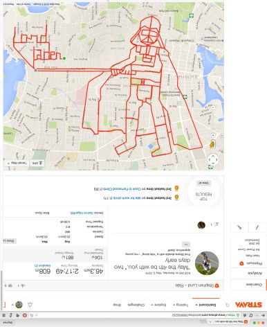Darth Vader, the villain from Star Wars – the handiwork of Strava artist Stephen Lund • Victoria BC Garmin GPS Strava art Darth Vader Star Wars Dark Side