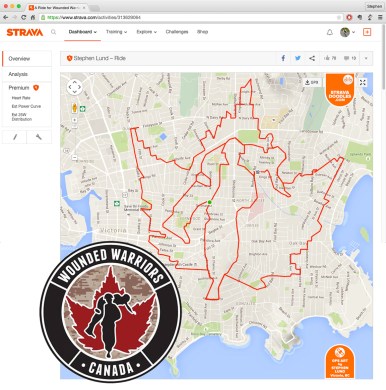 Wounded Warriors Canada logo by GPS artist Stephen Lund in Victoria, BC, Canada GPS Garmin Strava art cyclist cycling creativity Wounded Warriors 2015 Battlefield Bike Ride Canadian Armed Forces