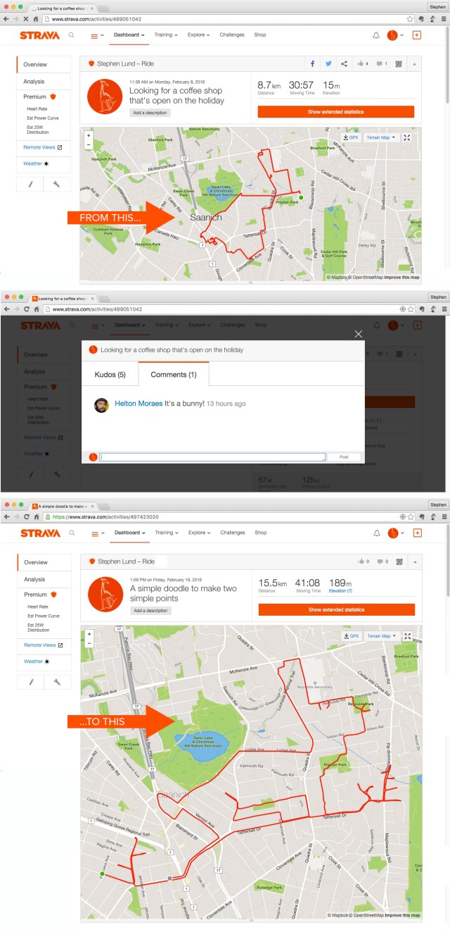 Evolution of my bunny doodle by GPS artist Stephen Lund in Victoria, BC, Canada GPS Garmin Strava art cyclist cycling creativity urban art street art
