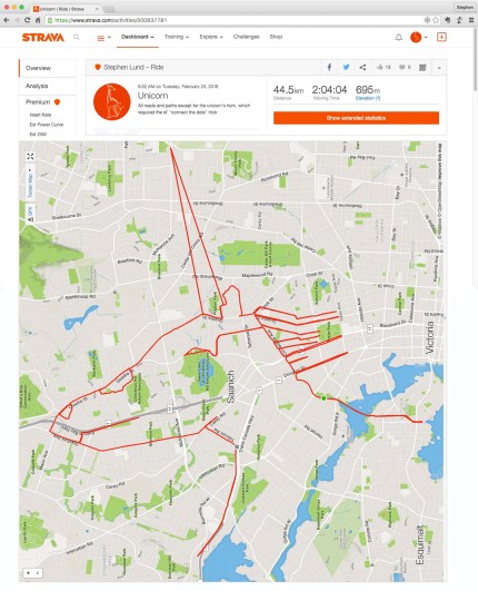 Unicorn doodle by Stephen Lund Victoria BC GPS art Strava art Garmin cyclist cycling bicycle urban art street art mythical creature magic magical