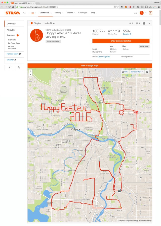 Hoppy Easter 2016 by GPS artist Stephen Lund in Victoria, BC, Canada GPS Garmin Strava art cyclist cycling creativity Easter 2016 Happy Easter greetings Easter bunny rabbit