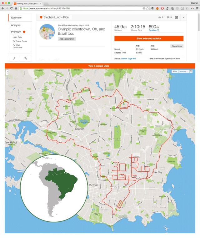 Countdown to the summer Olympic Games 2016 and the country of Brazil by GPS artist Stephen Lund in Victoria, BC, Canada GPS Garmin Strava art cyclist cycling creativity Rio de Janeiro Brasil IOC International Olympic Committee Rio 2016