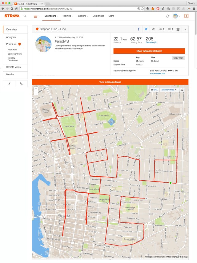 #endMS by GPS artist Stephen Lund in Victoria, BC, Canada GPS Garmin Strava art cyclist cycling creativity #MSbike multiple sclerosis MS Society of Canada Cowichan Valley Grape Escape 2016