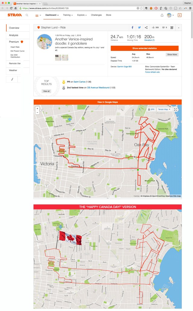 Gondolier by GPS artist Stephen Lund in Victoria, BC, Canada GPS Garmin Strava art cyclist cycling creativity Venice Italy Venezia gondola il gondoliere