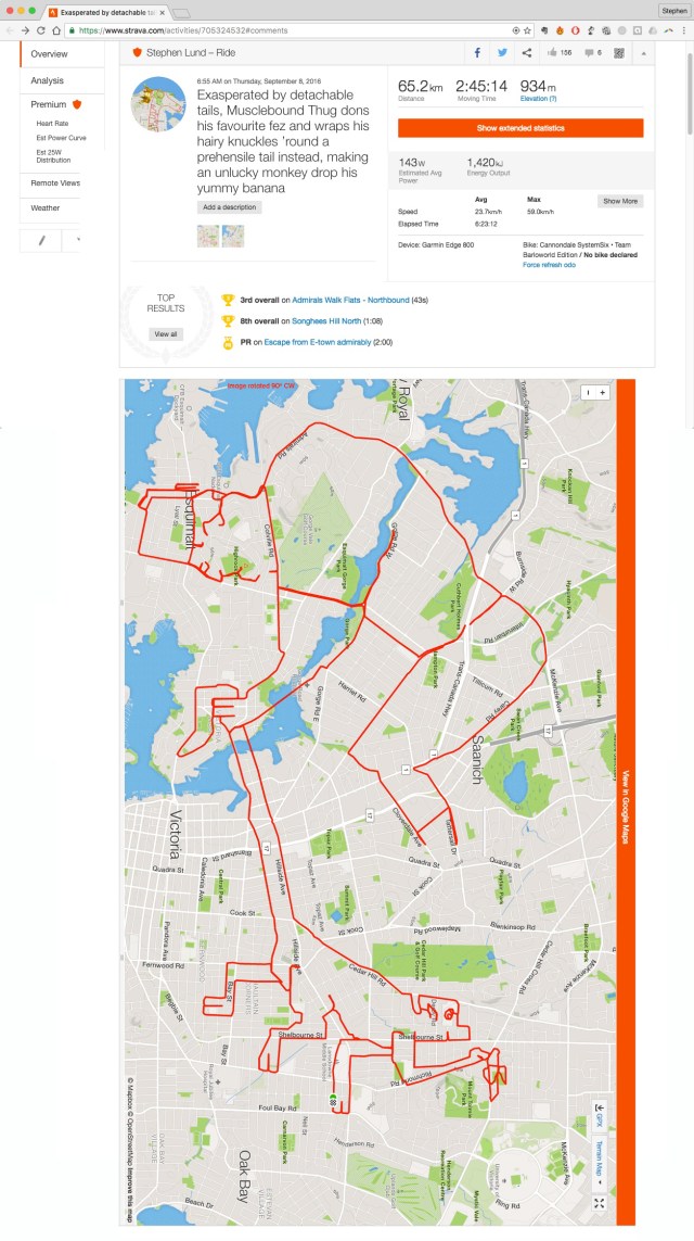 Exasperated by detachable tails, Musclebound Thug dons his favourite fez and wraps his hairy knuckles ’round a prehensile tail instead, making an unlucky monkey drop his yummy banana by GPS artist Stephen Lund in Victoria, BC, Canada GPS Garmin Strava art cyclist cycling creativity urban art street art monkey animals wildlife