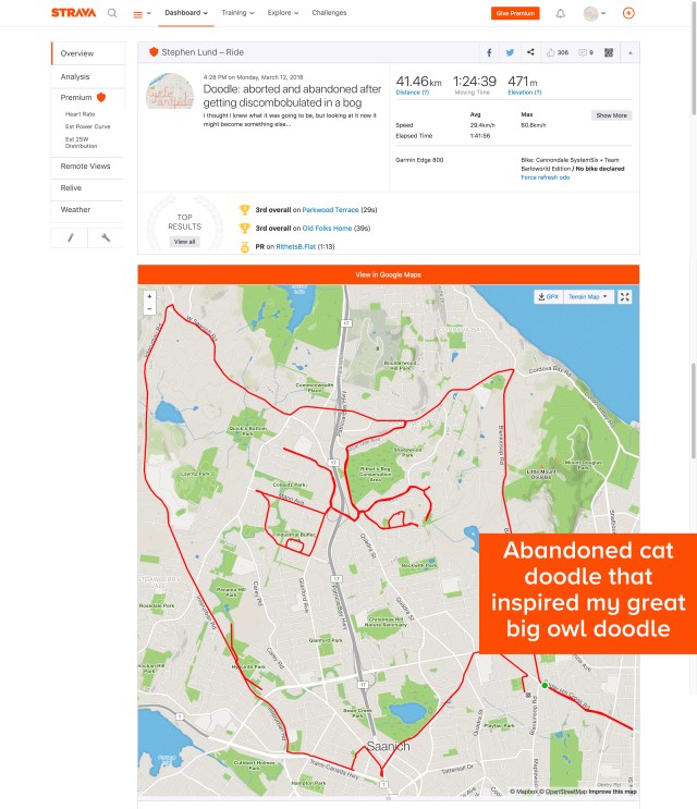 GPS owl by GPS artist Stephen Lund in Victoria, BC, Canada GPS Garmin Strava art cyclist cycling creativity urban art street art bird raptor nature wildlife